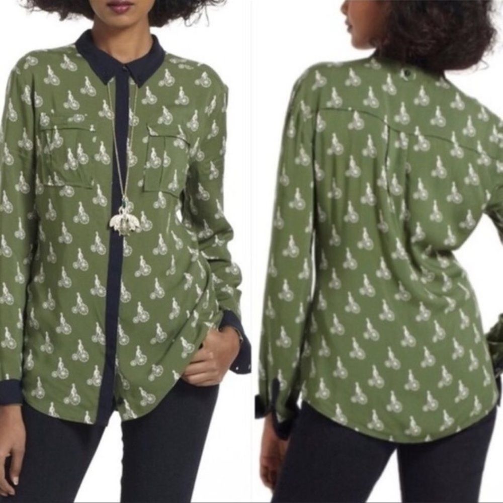 Anthro Maeve Bagatelle Bicycle Button Down Top Green Navy White Tricycle Sz 12